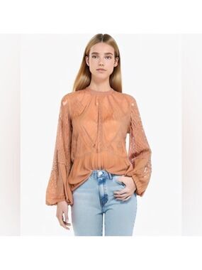 American Eagle Blush Pink Lace Peplum Bell Sleeve Long Sleeve Top Blouse